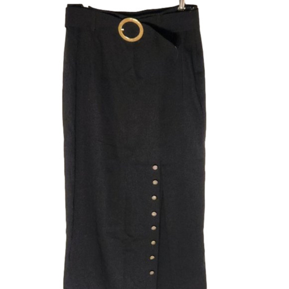 P016. Vintage Belted Black Maxi Skirt with gold buttons slit and belt |14 (M)